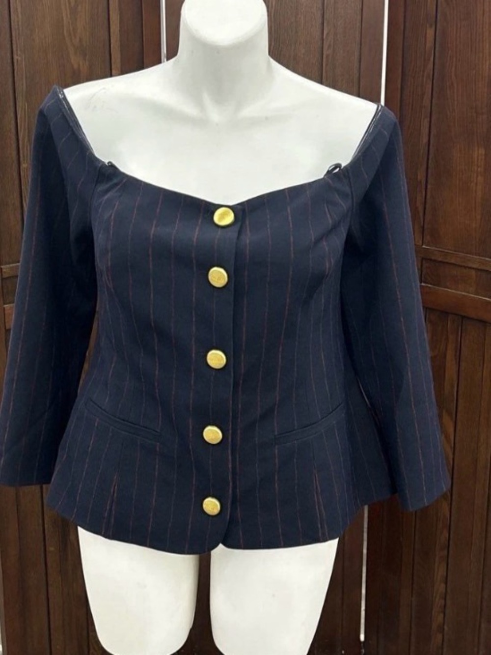 L'AGENCE Navy Pinstripe Off-Shoulder Buttoned Blouse with Gold Buttons